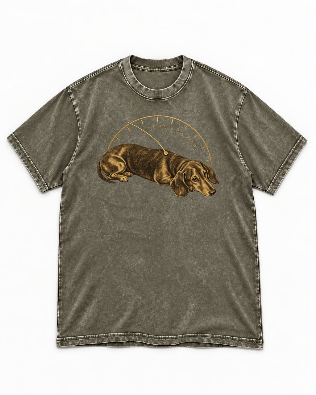 Dachshund No Need To Rush Gauge Graphic Washed Tee in Army Green, flat lay product photo