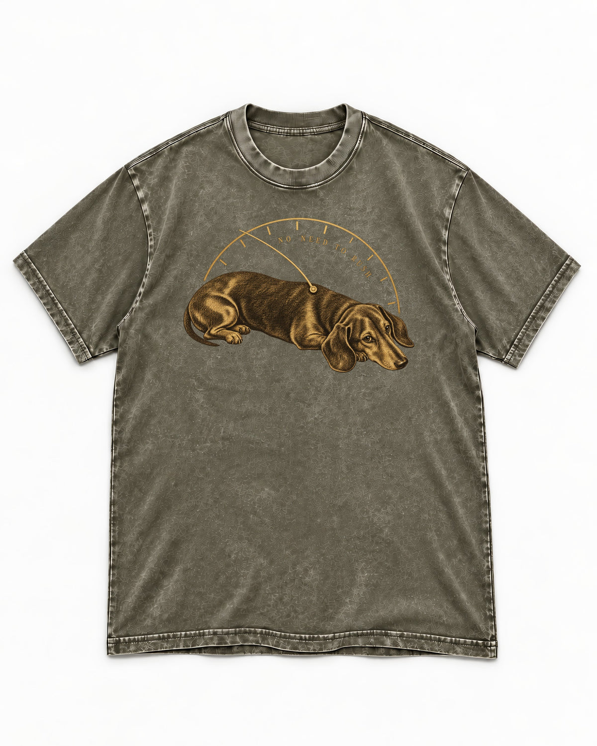 Dachshund No Need To Rush Gauge Graphic Washed Tee in Army Green, flat lay product photo