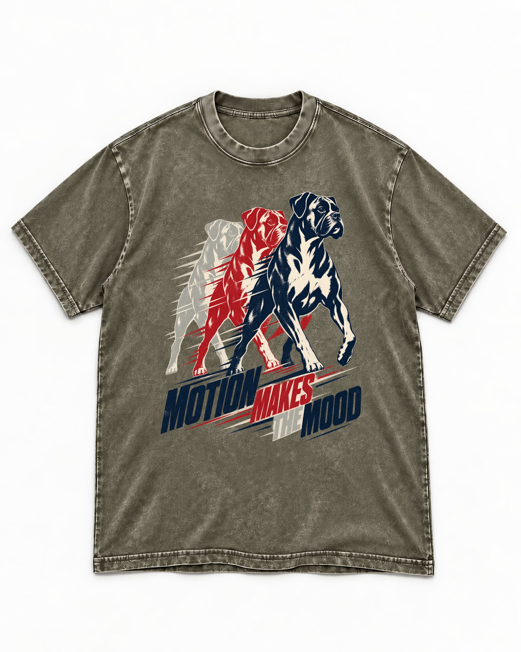 Boxer Motion Makes the Mood Washed Tee in Army Green, flat lay product photo