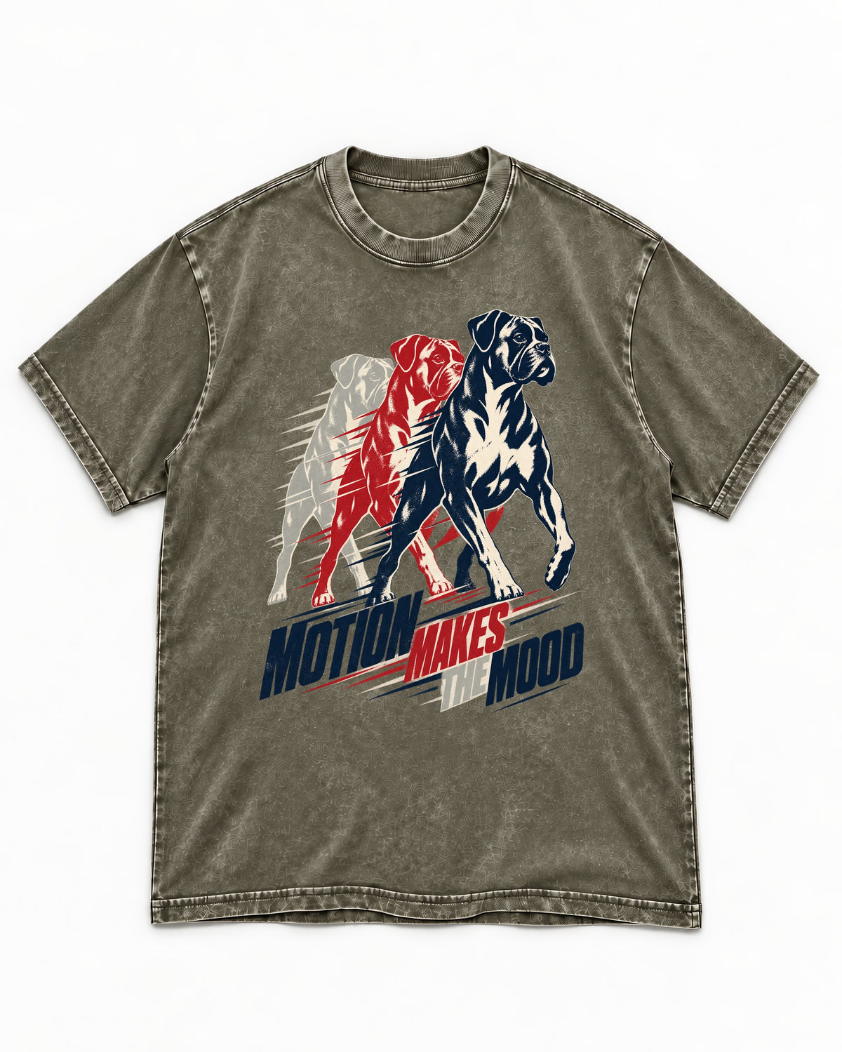 Boxer Motion Makes the Mood Washed Tee in Army Green, flat lay product photo