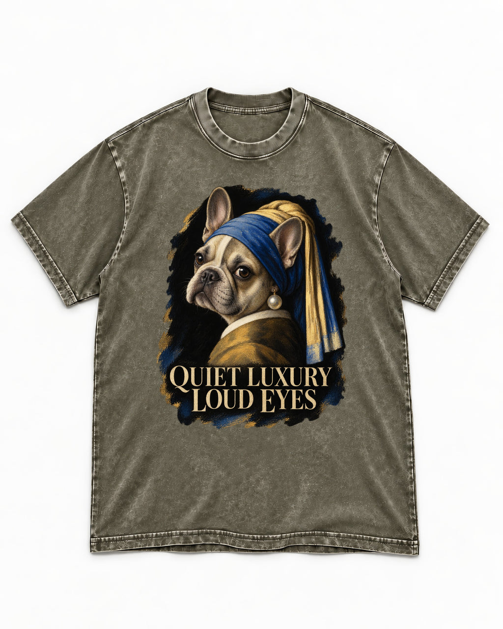 Frenchie Quiet Luxury Loud Eyes Pearl Portrait Graphic Washed Tee in Army Green, flat lay product photo