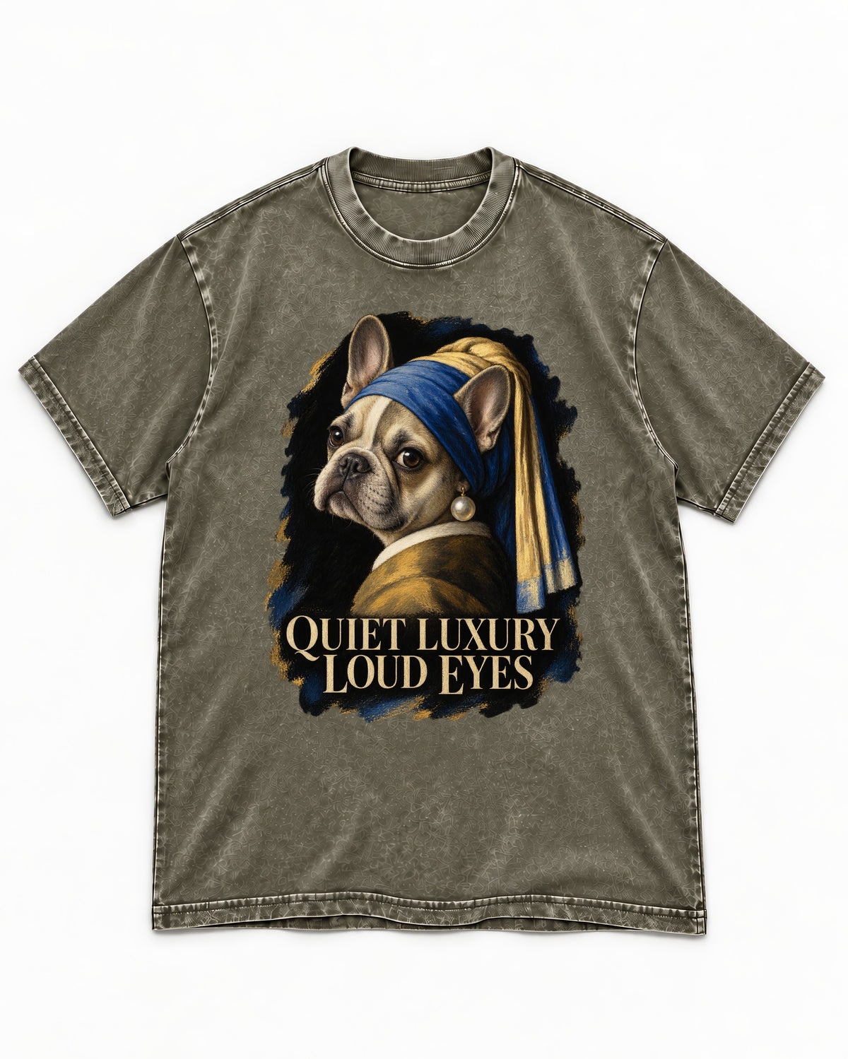 Frenchie Quiet Luxury Loud Eyes Pearl Portrait Graphic Washed Tee in Army Green, flat lay product photo
