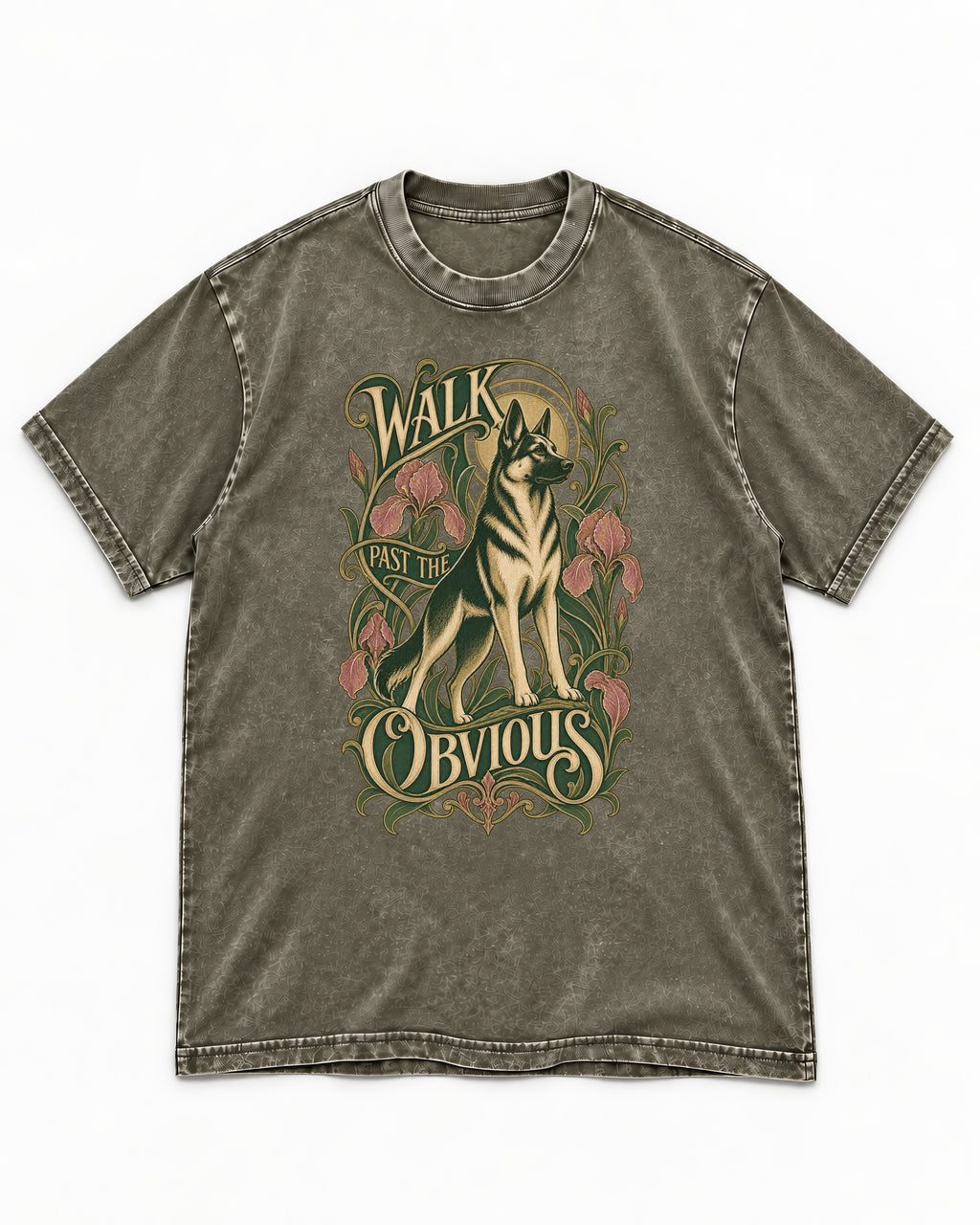 Walk Past The Obvious Art Nouveau German Shepherd Dog Graphic Washed Tee in Army Green, flat lay product photo