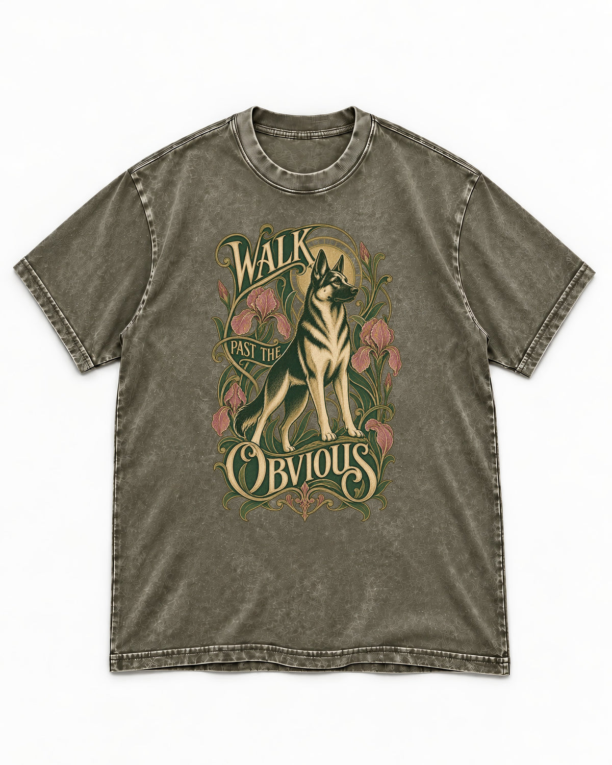 Walk Past The Obvious Art Nouveau German Shepherd Dog Graphic Washed Tee in Army Green, flat lay product photo