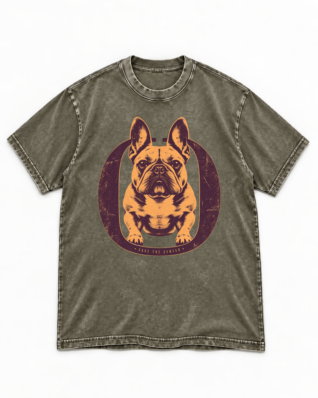 Frenchie Save the Center Oval Portrait Graphic Washed Tee in Army Green, flat lay product photo