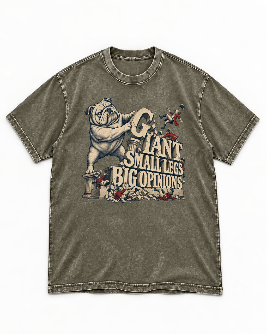 English Bulldog Giant Small Legs Big Opinions Monument Graphic Washed Tee in Army Green, flat lay product photo