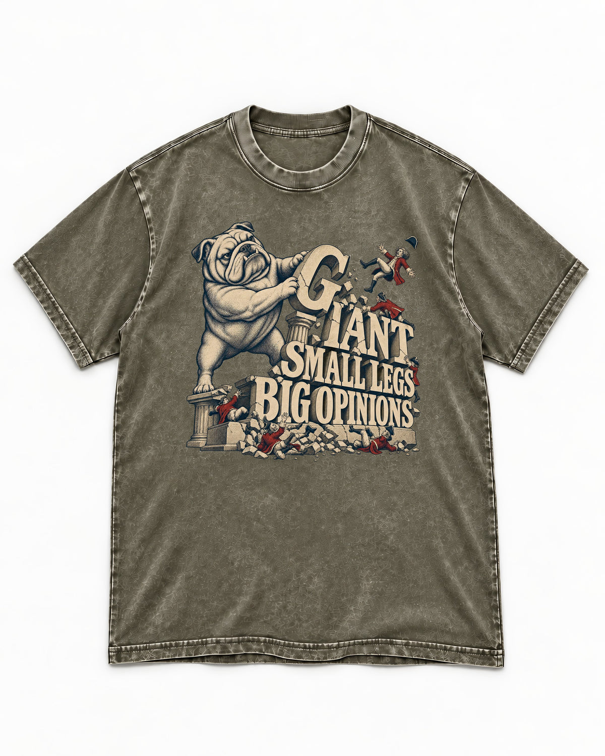 English Bulldog Giant Small Legs Big Opinions Monument Graphic Washed Tee in Army Green, flat lay product photo