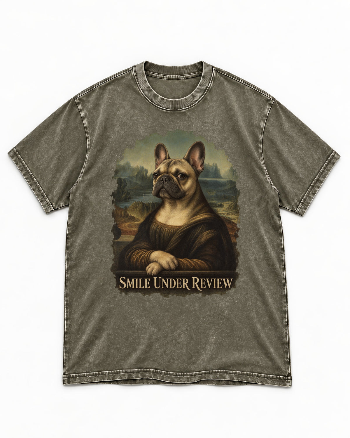 Frenchie Smile Under Review Renaissance Portrait Washed Tee in Army Green, flat lay product photo