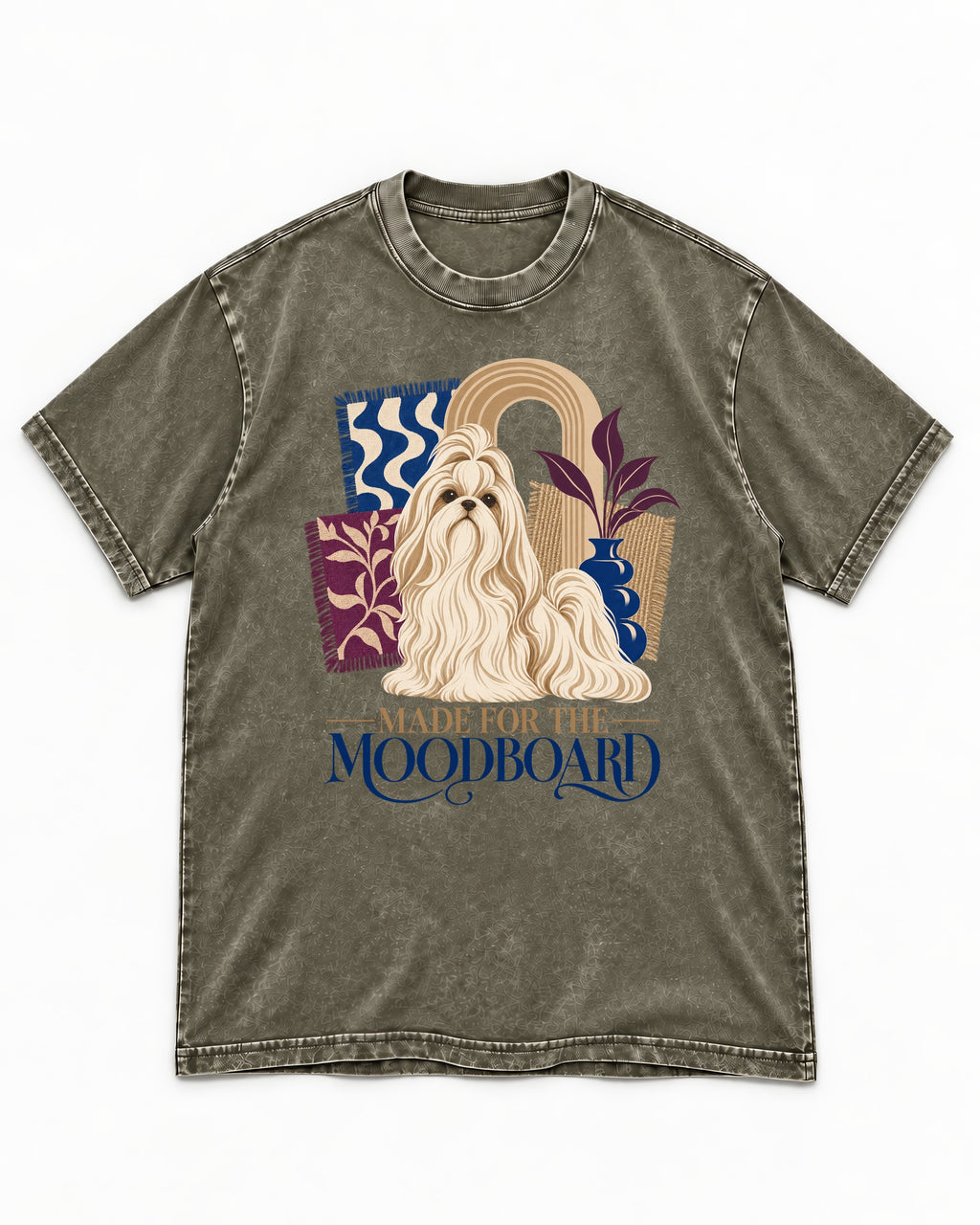 Shih Tzu Made for the Moodboard Boho Interior Graphic Washed Tee in Army Green, flat lay product photo