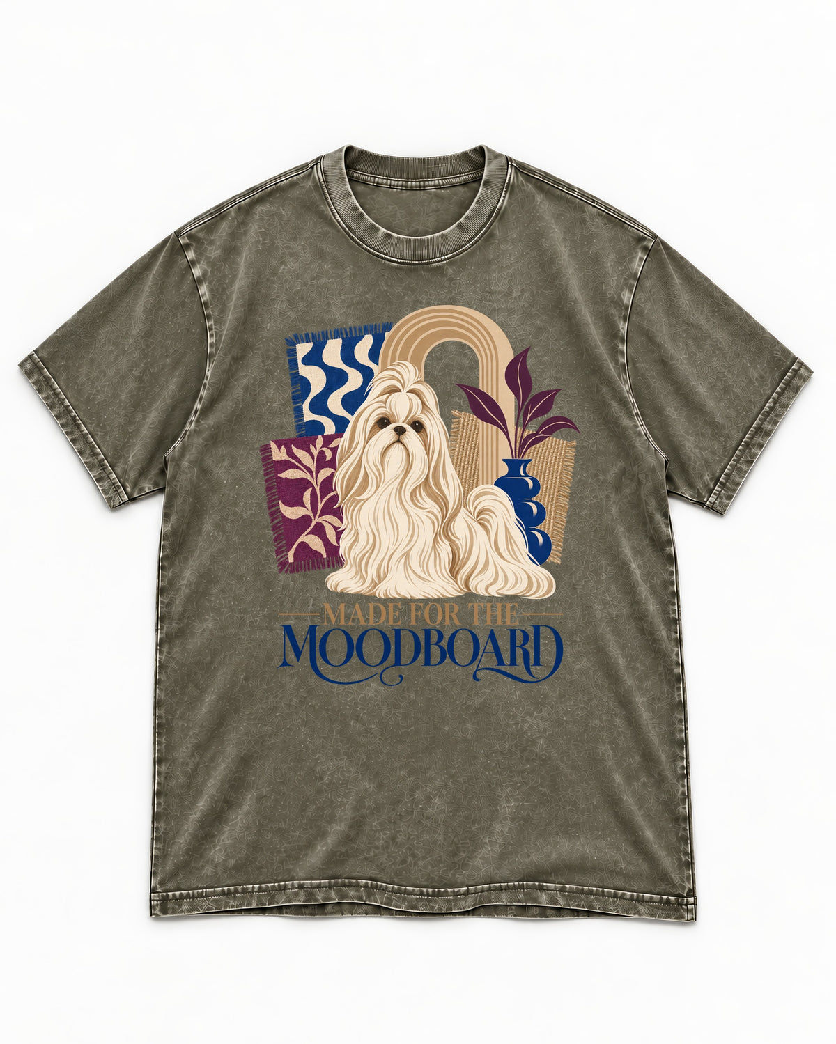 Shih Tzu Made for the Moodboard Boho Interior Graphic Washed Tee in Army Green, flat lay product photo