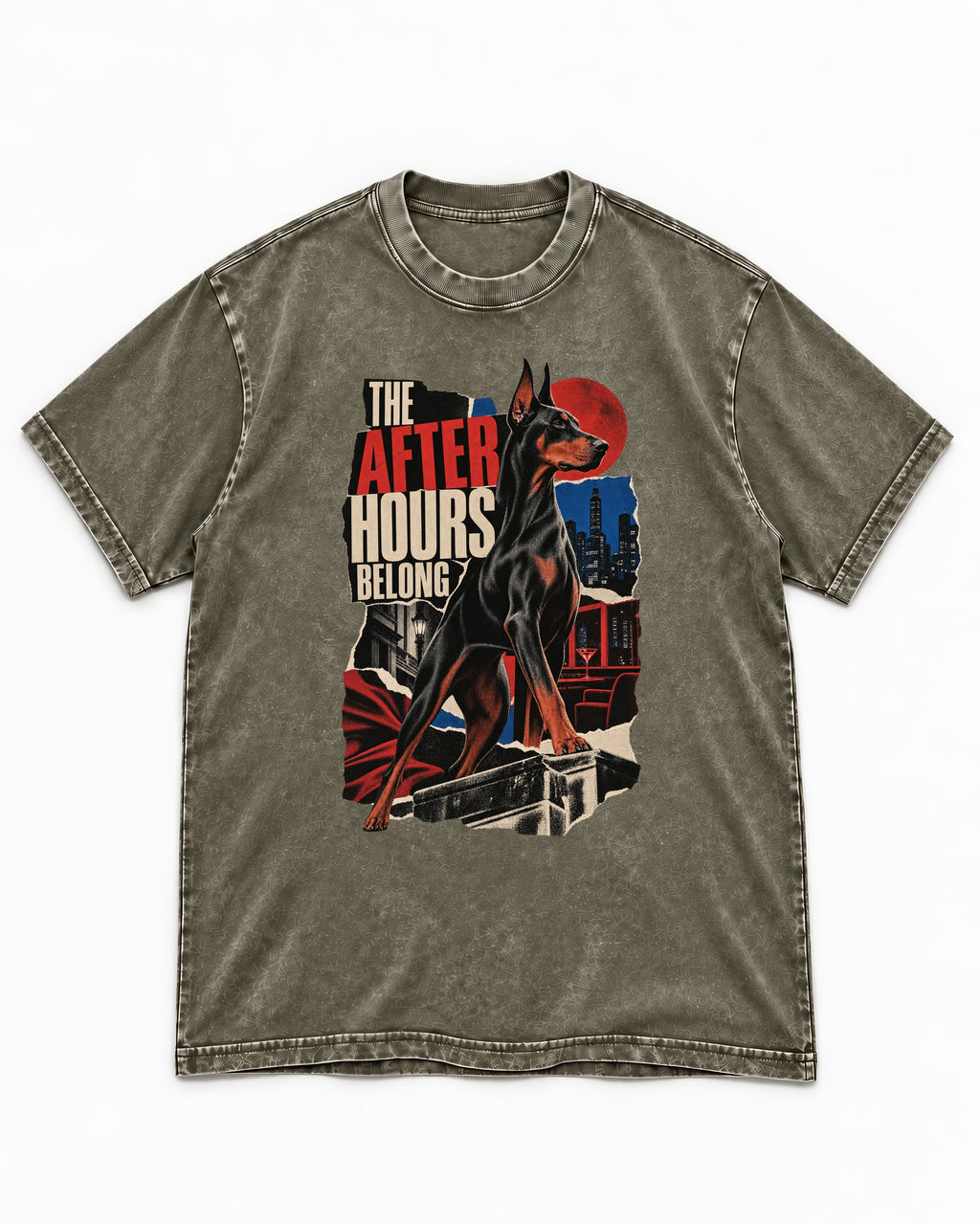 Doberman The After Hours Belong City Collage Washed Tee in Army Green, flat lay product photo