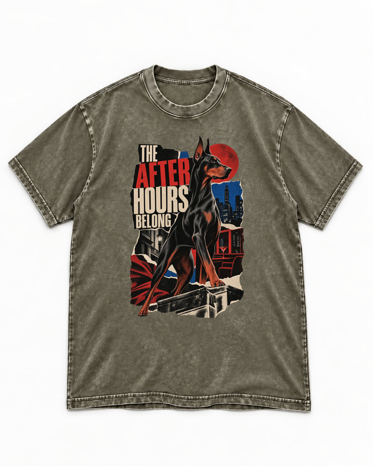 Doberman The After Hours Belong City Collage Washed Tee in Army Green, flat lay product photo