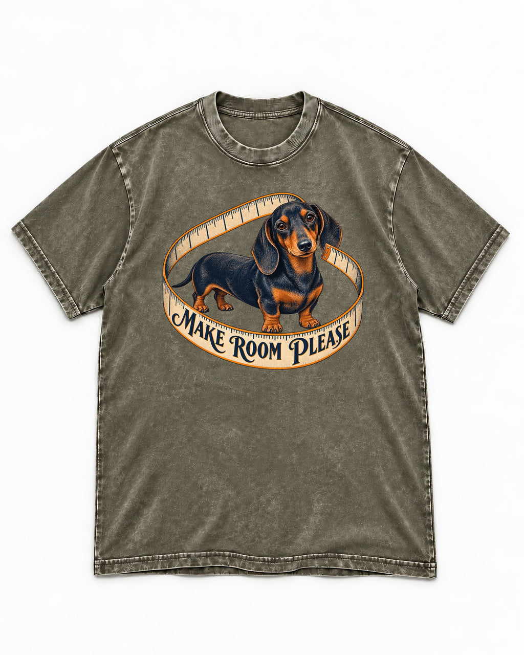 Dachshund Make Room Please Measuring Tape Graphic Washed Tee in Army Green, flat lay product photo
