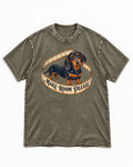Dachshund Make Room Please Measuring Tape Graphic Washed Tee in Army Green, flat lay product photo