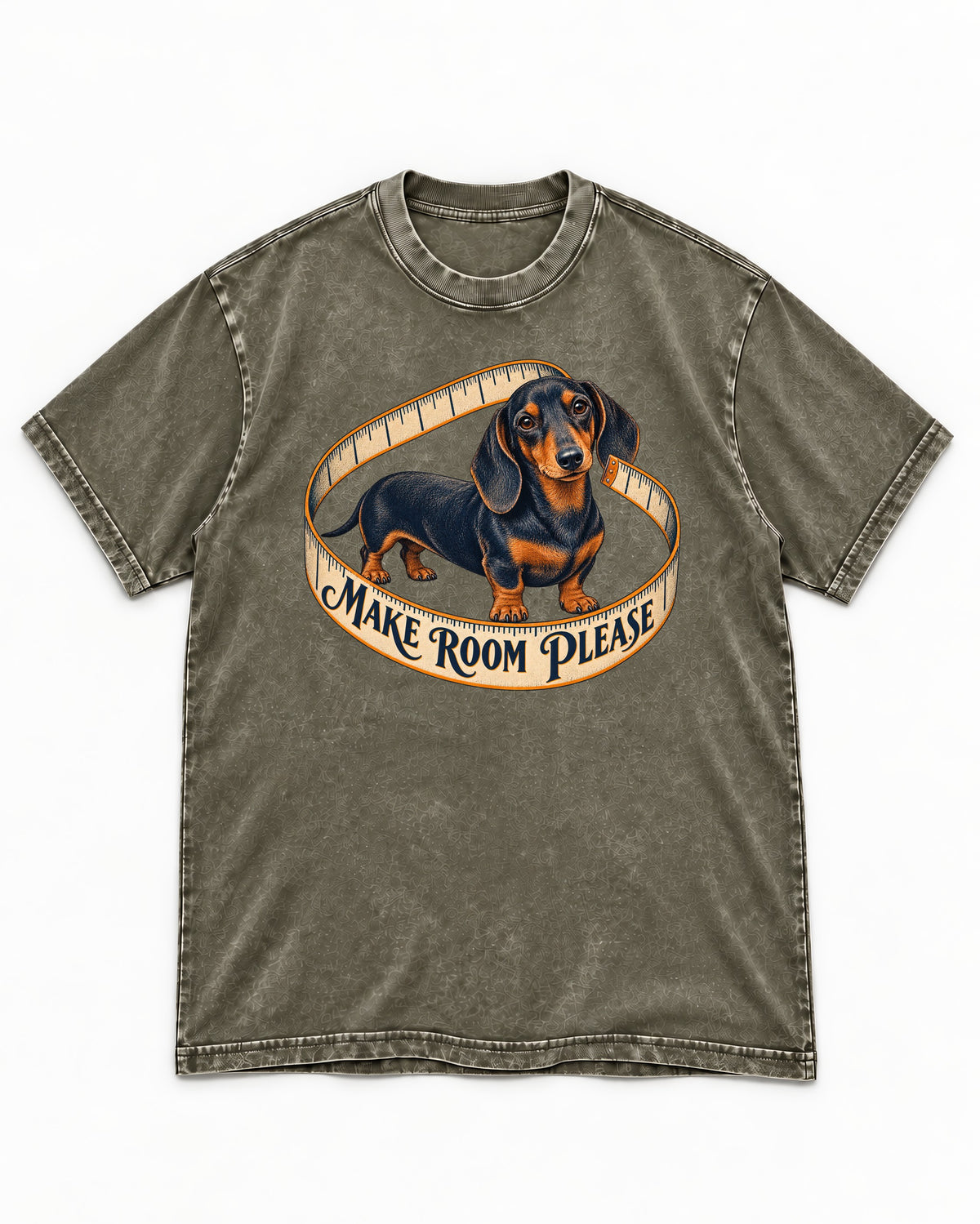 Dachshund Make Room Please Measuring Tape Graphic Washed Tee in Army Green, flat lay product photo