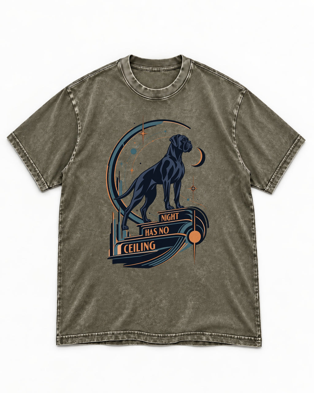 Night Has No Ceiling Boxer Cosmic Graphic Washed Tee in Army Green, flat lay product photo