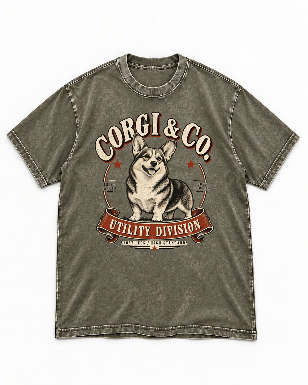 Corgi and Co Utility Division Emblem Washed Tee in Army Green, flat lay product photo