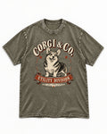 Corgi and Co Utility Division Emblem Washed Tee in Army Green, flat lay product photo