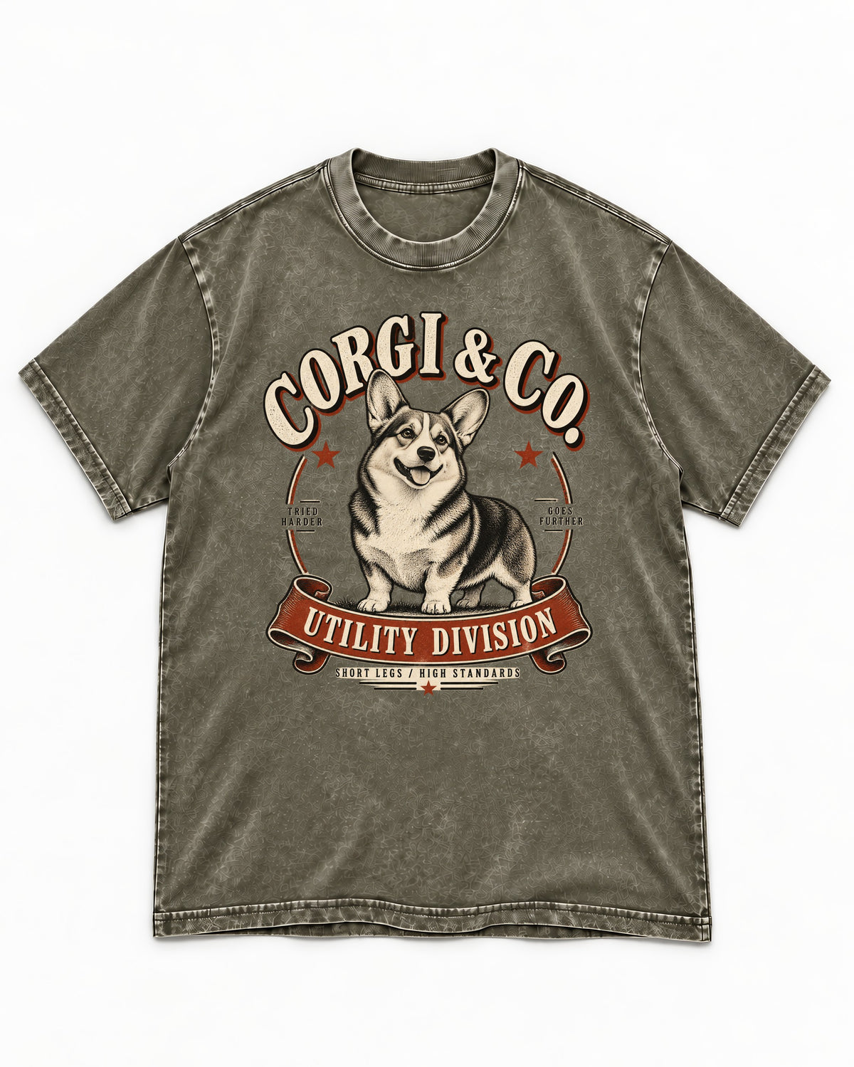 Corgi and Co Utility Division Emblem Washed Tee in Army Green, flat lay product photo