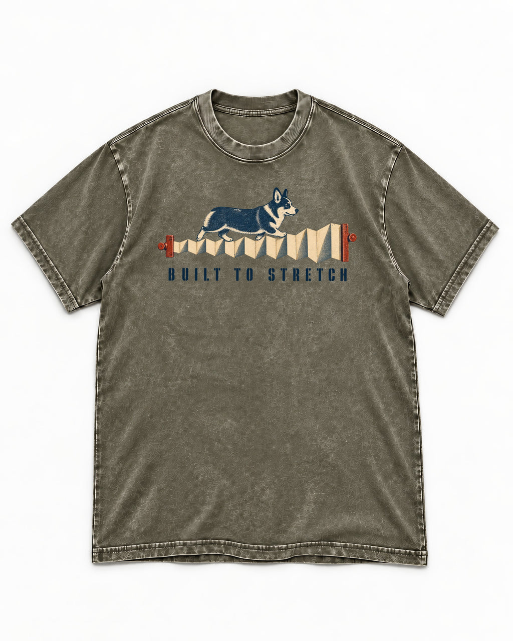 Corgi Built to Stretch Accordion Graphic Washed Tee in Army Green, flat lay product photo