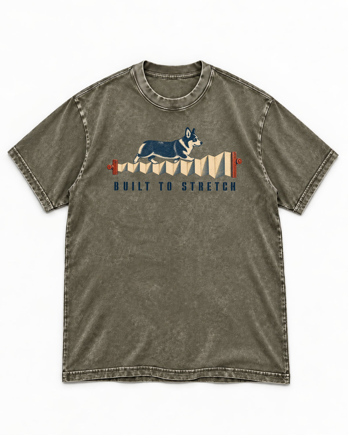 Corgi Built to Stretch Accordion Graphic Washed Tee in Army Green, flat lay product photo