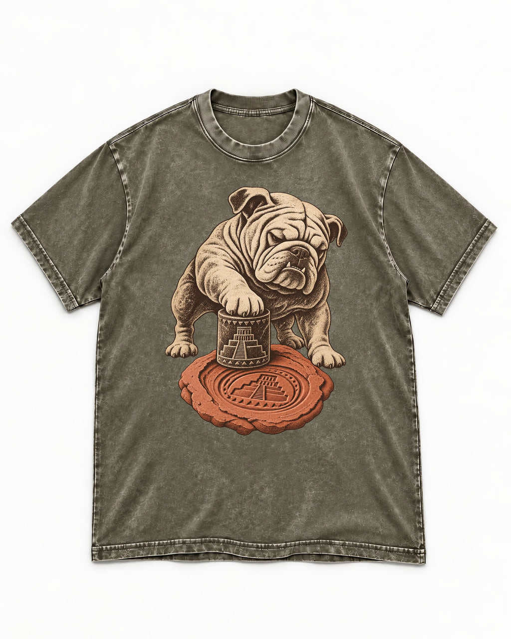 English Bulldog Ancient Cylinder Seal Graphic Washed Tee in Army Green, flat lay product photo