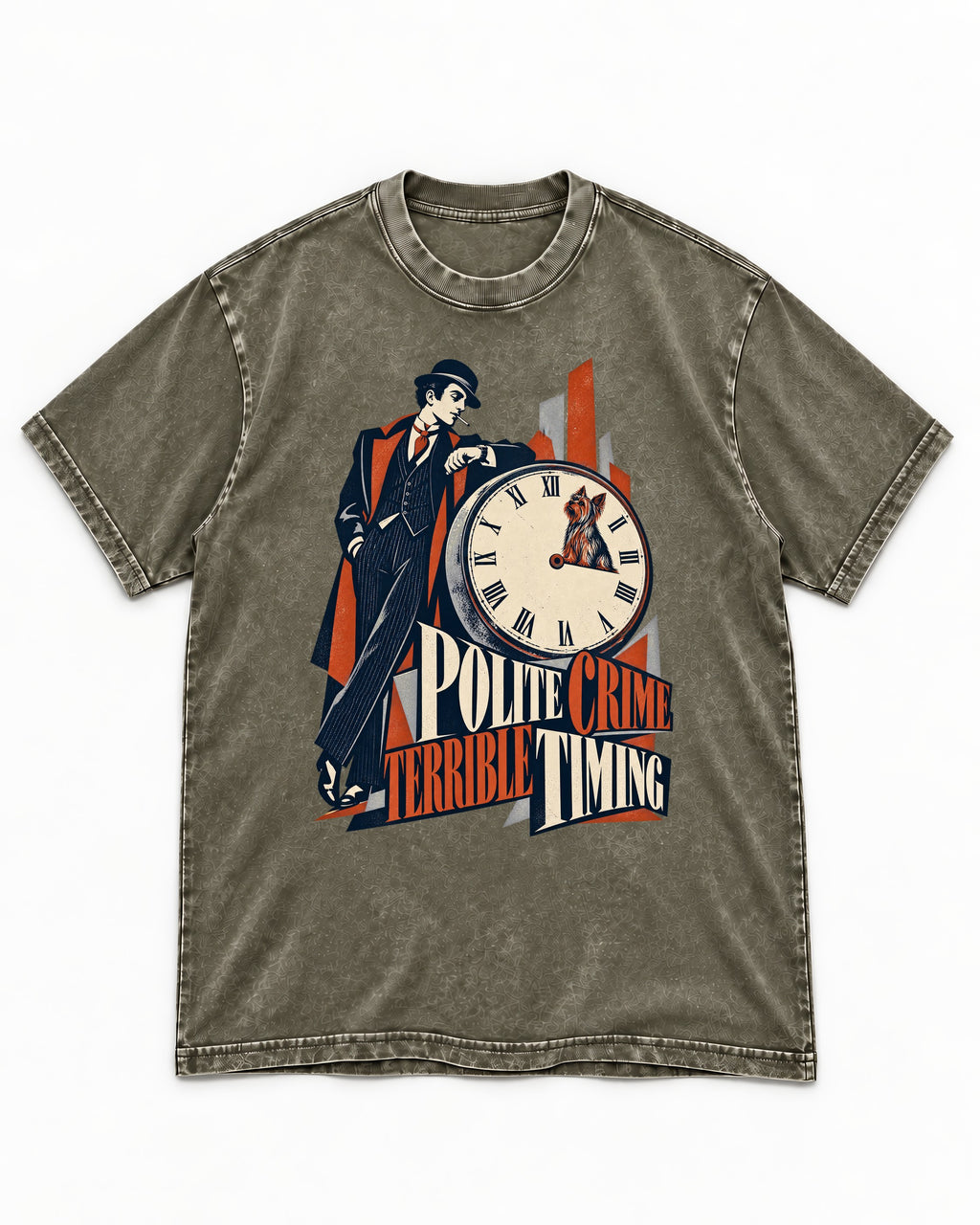 Yorkshire Terrier Polite Crime Terrible Timing Art Deco Clock Graphic Washed Tee in Army Green, flat lay product photo
