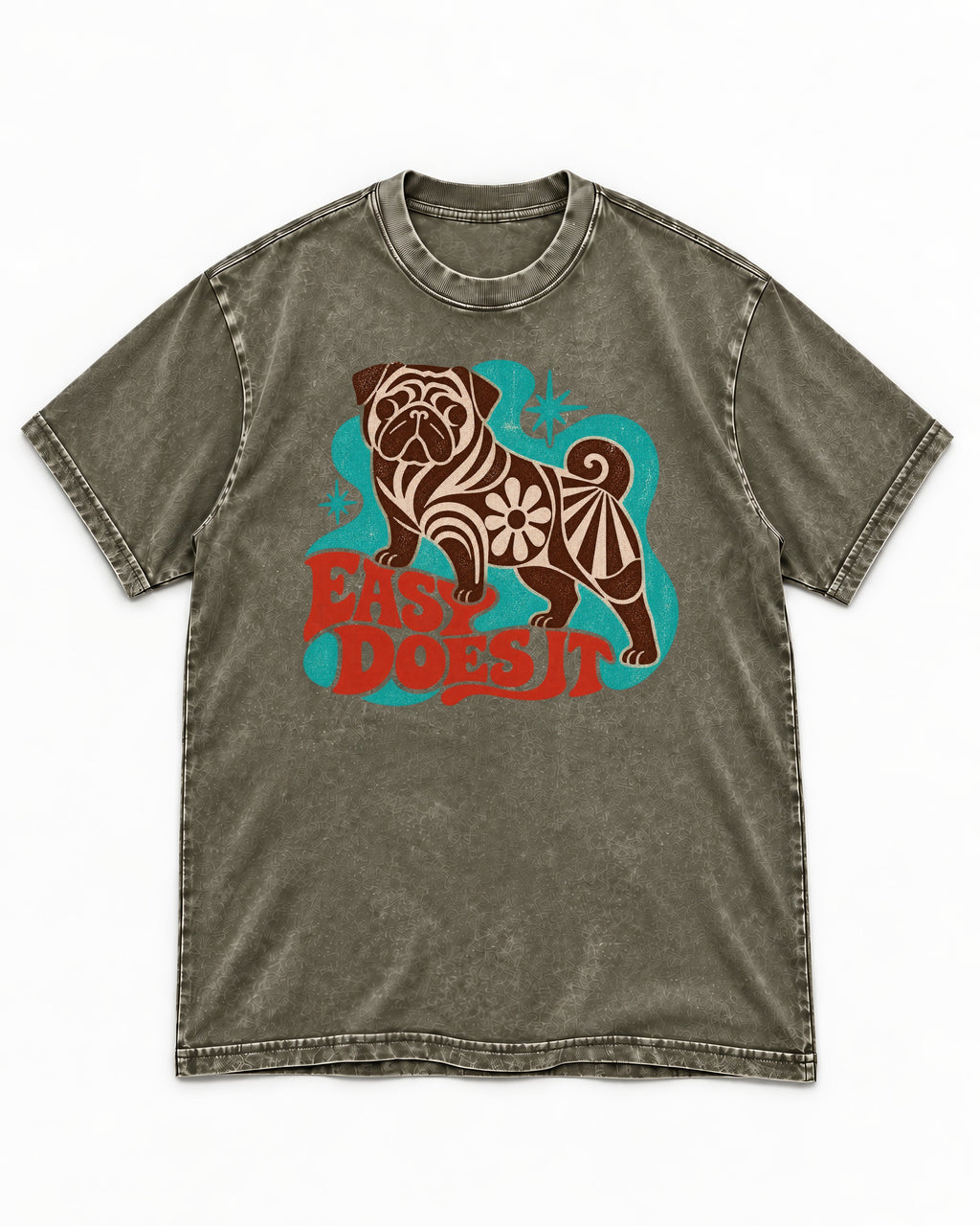 Pug Easy Does It Retro Floral Graphic Washed Tee in Army Green, flat lay product photo