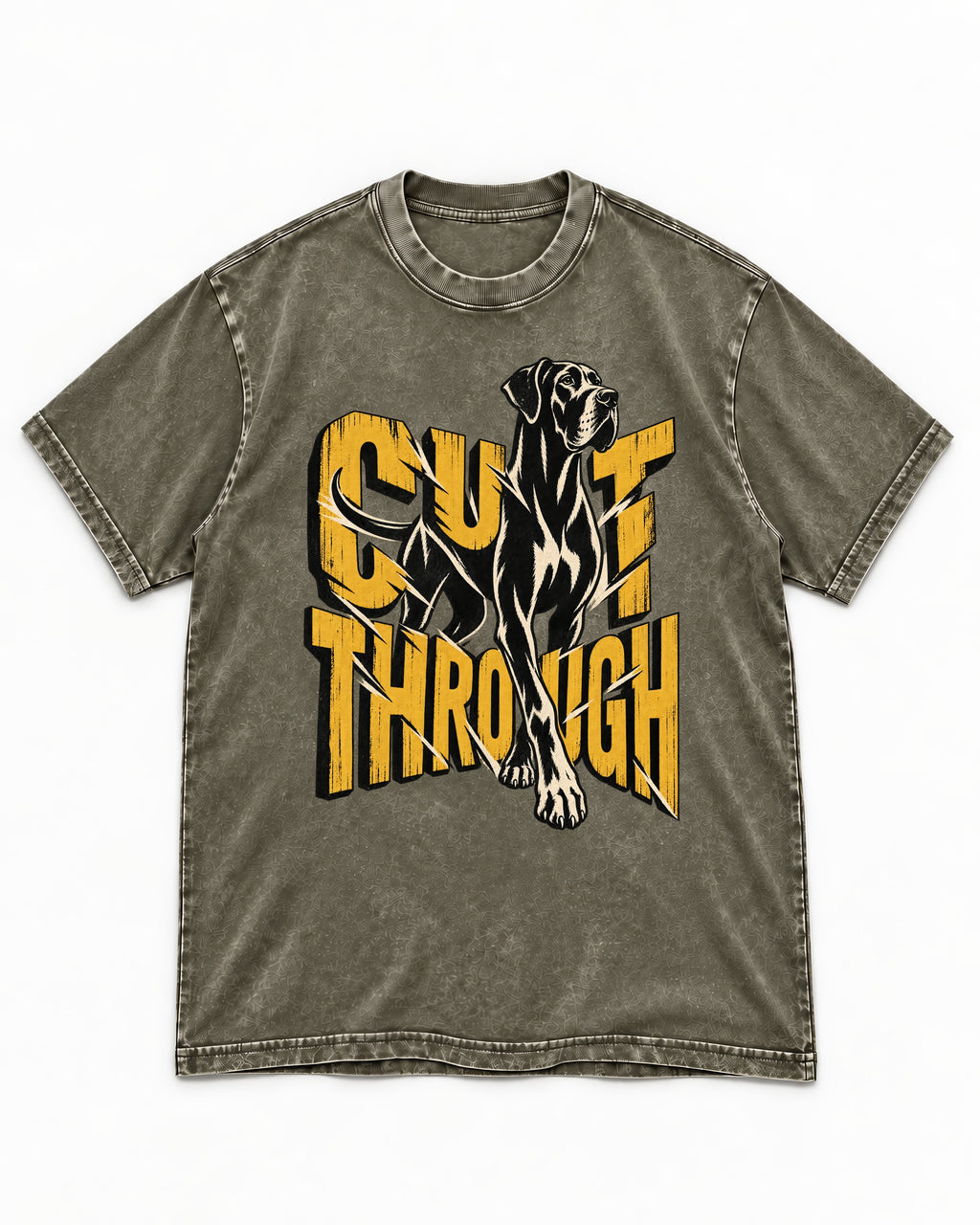 Great Dane Cut Through Breaking Type Graphic Washed Tee in Army Green, flat lay product photo