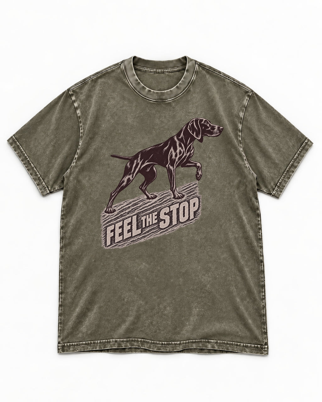 German Shorthaired Pointer Feel The Stop Frottage Graphic Washed Tee in Army Green, flat lay product photo