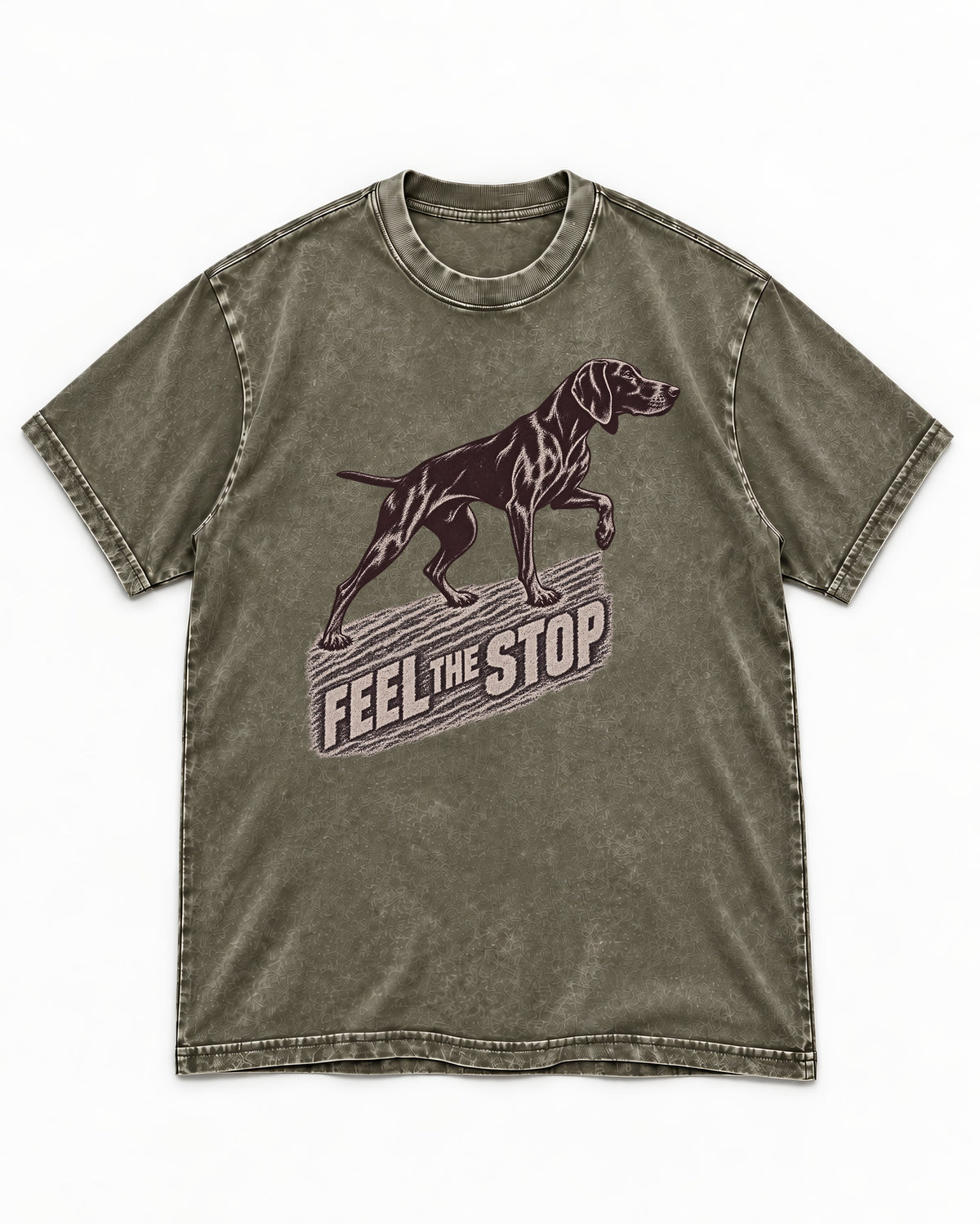 German Shorthaired Pointer Feel The Stop Frottage Graphic Washed Tee in Army Green, flat lay product photo