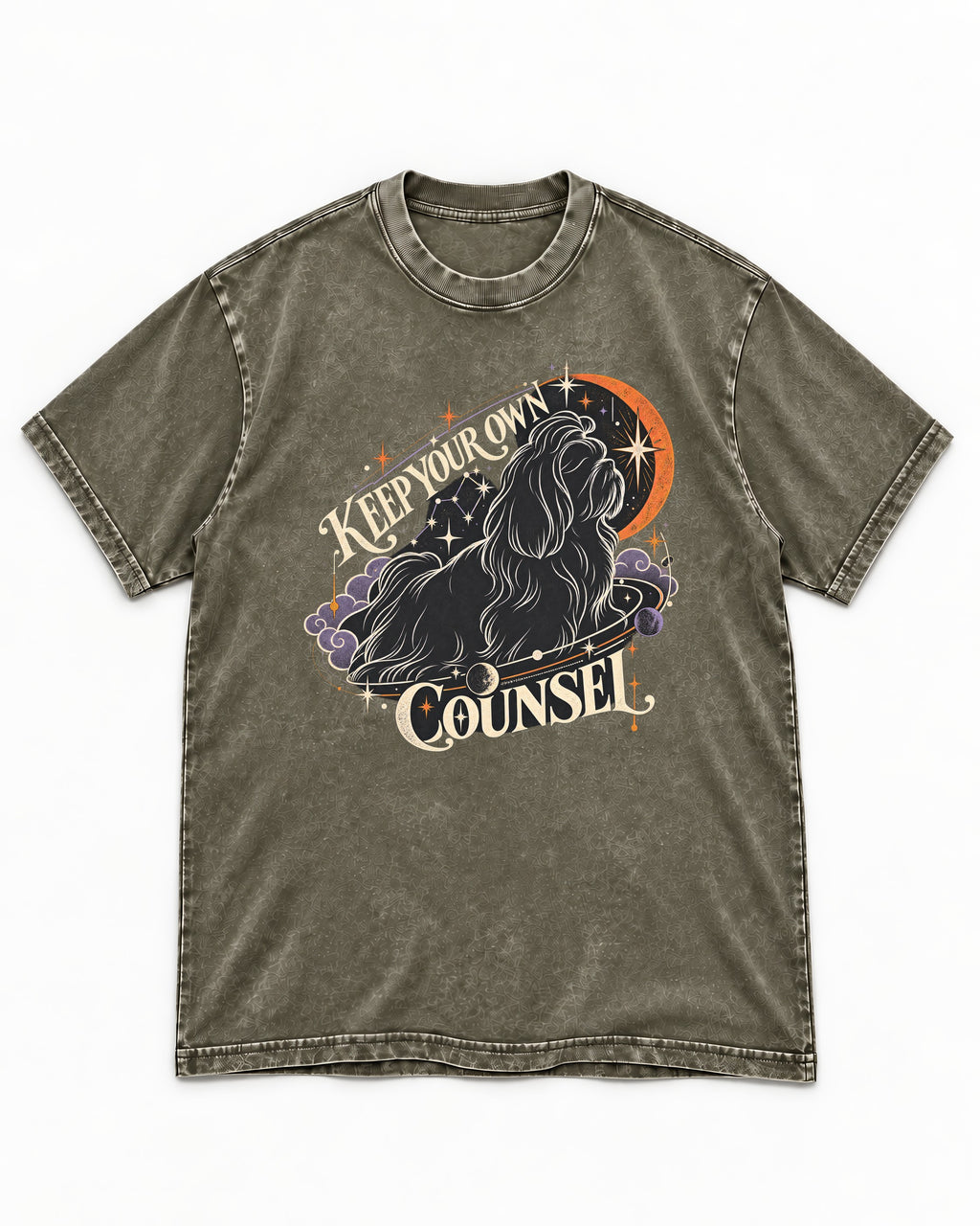 Shih Tzu Keep Your Own Counsel Celestial Graphic Washed Tee in Army Green, flat lay product photo