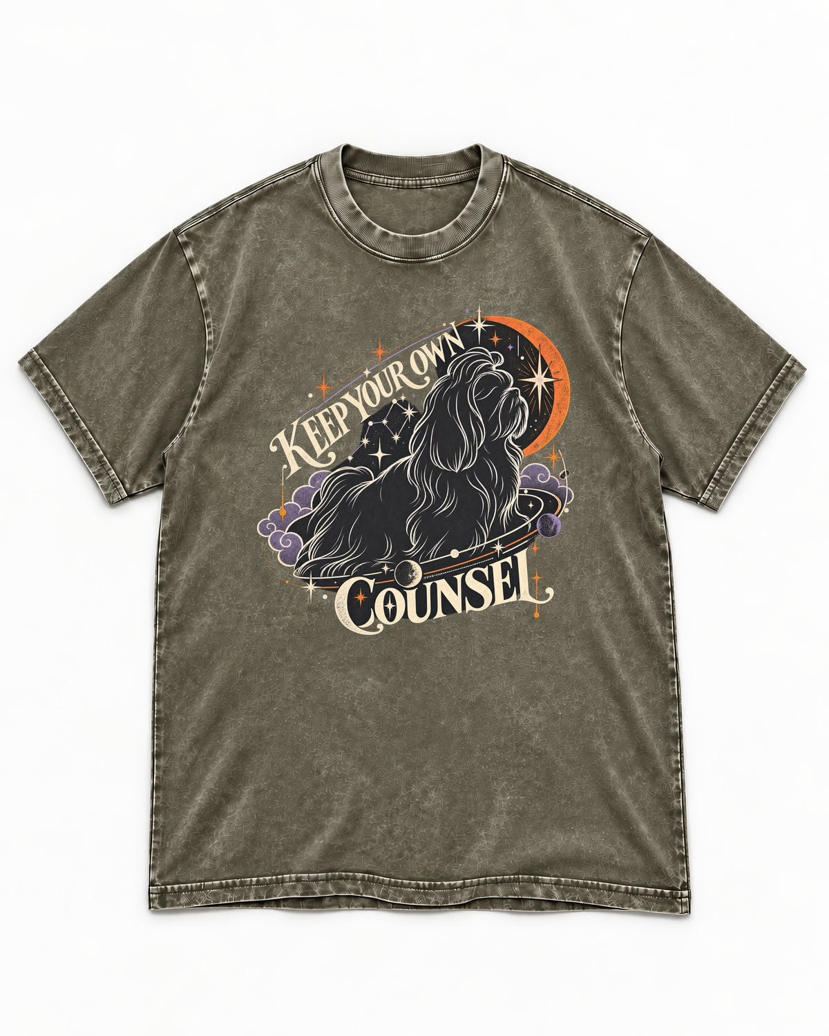 Shih Tzu Keep Your Own Counsel Celestial Graphic Washed Tee in Army Green, flat lay product photo