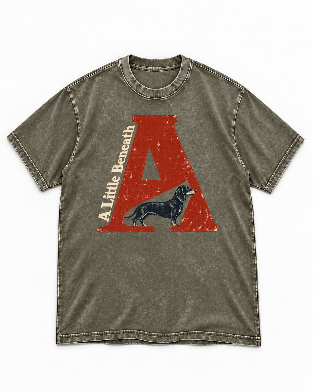 Dachshund A Little Beneath Monumental Letter Graphic Washed Tee in Army Green, flat lay product photo