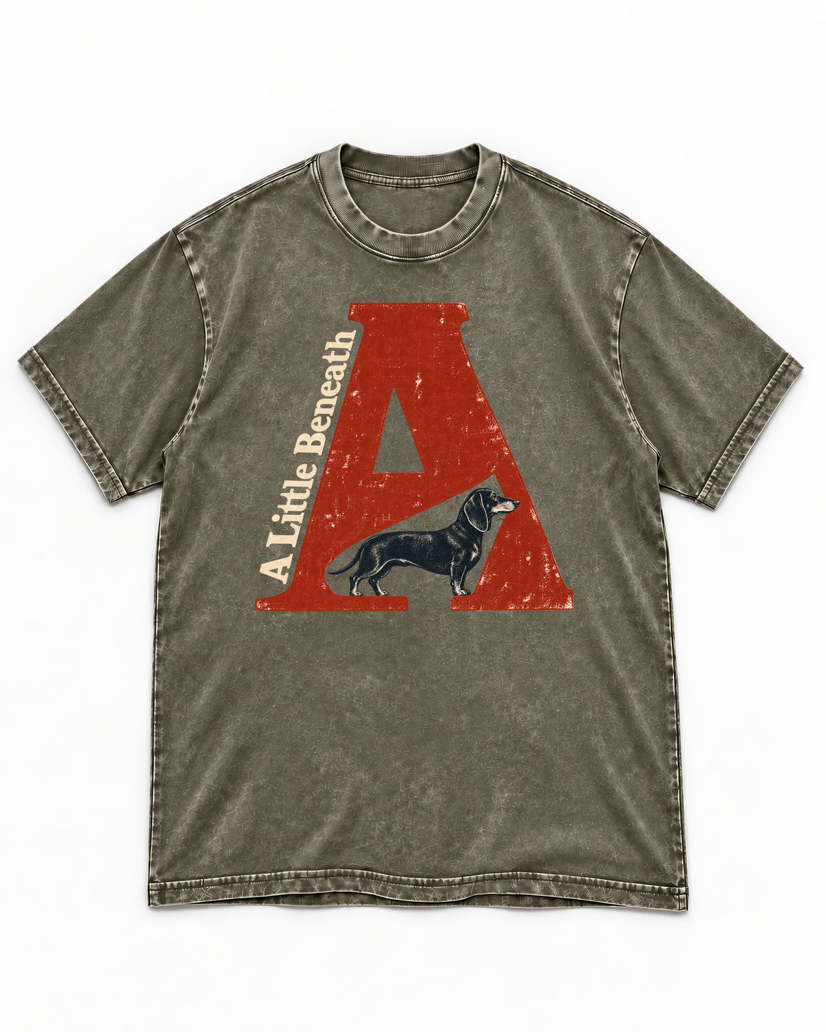 Dachshund A Little Beneath Monumental Letter Graphic Washed Tee in Army Green, flat lay product photo