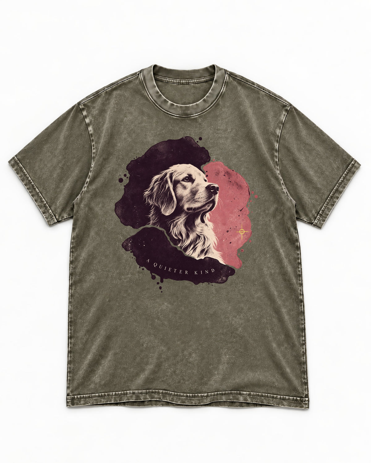 Golden Retriever A Quieter Kind Ink Wash Portrait Graphic Washed Tee in Army Green, flat lay product photo