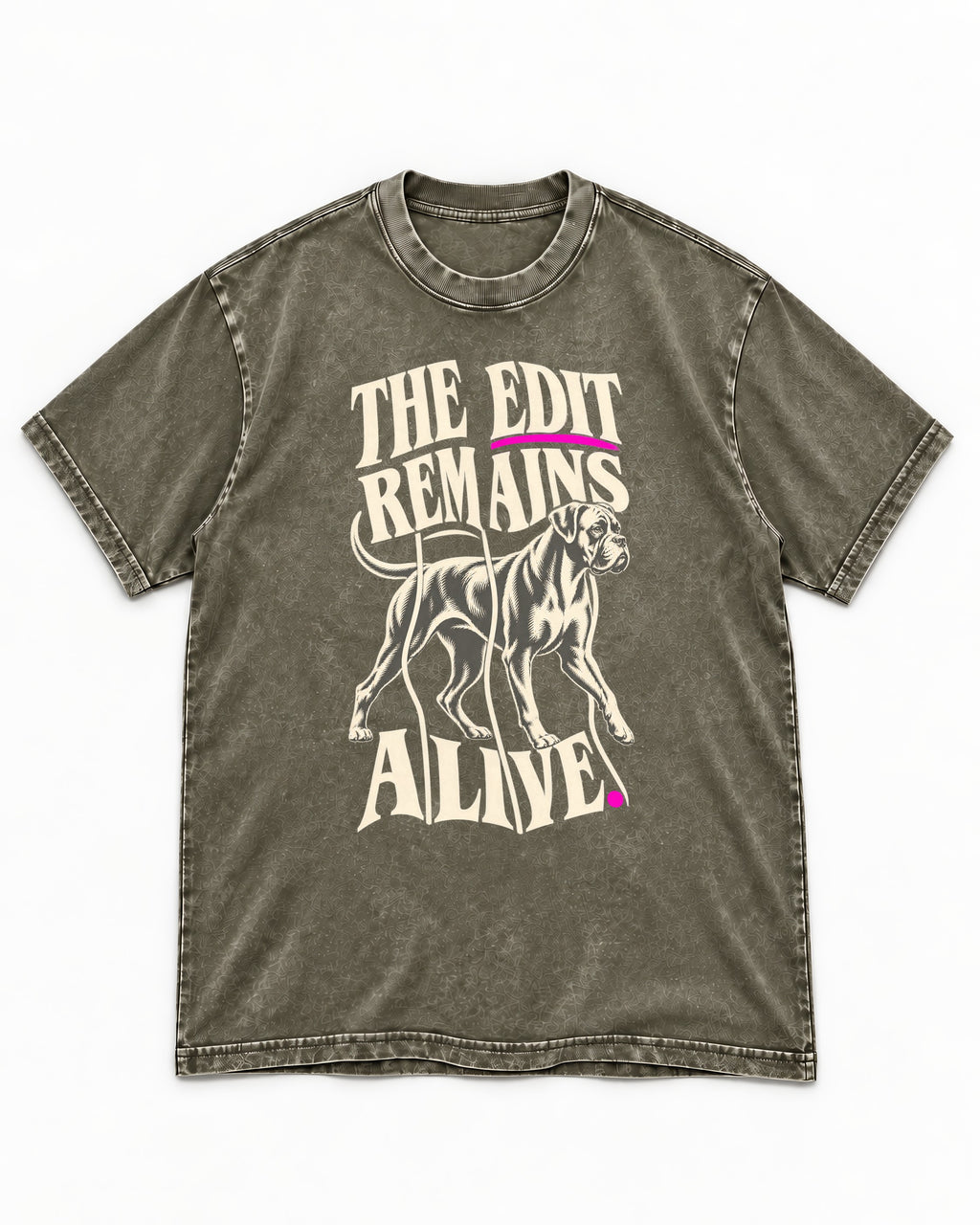 The Edit Remains Alive Boxer Washed Tee in Army Green, flat lay product photo