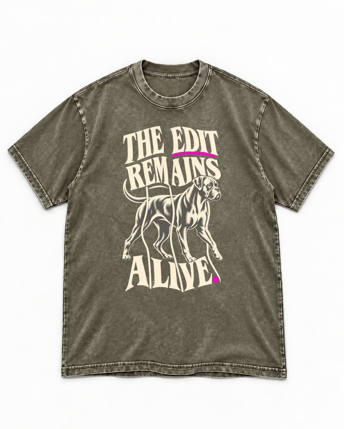 The Edit Remains Alive Boxer Washed Tee in Army Green, flat lay product photo