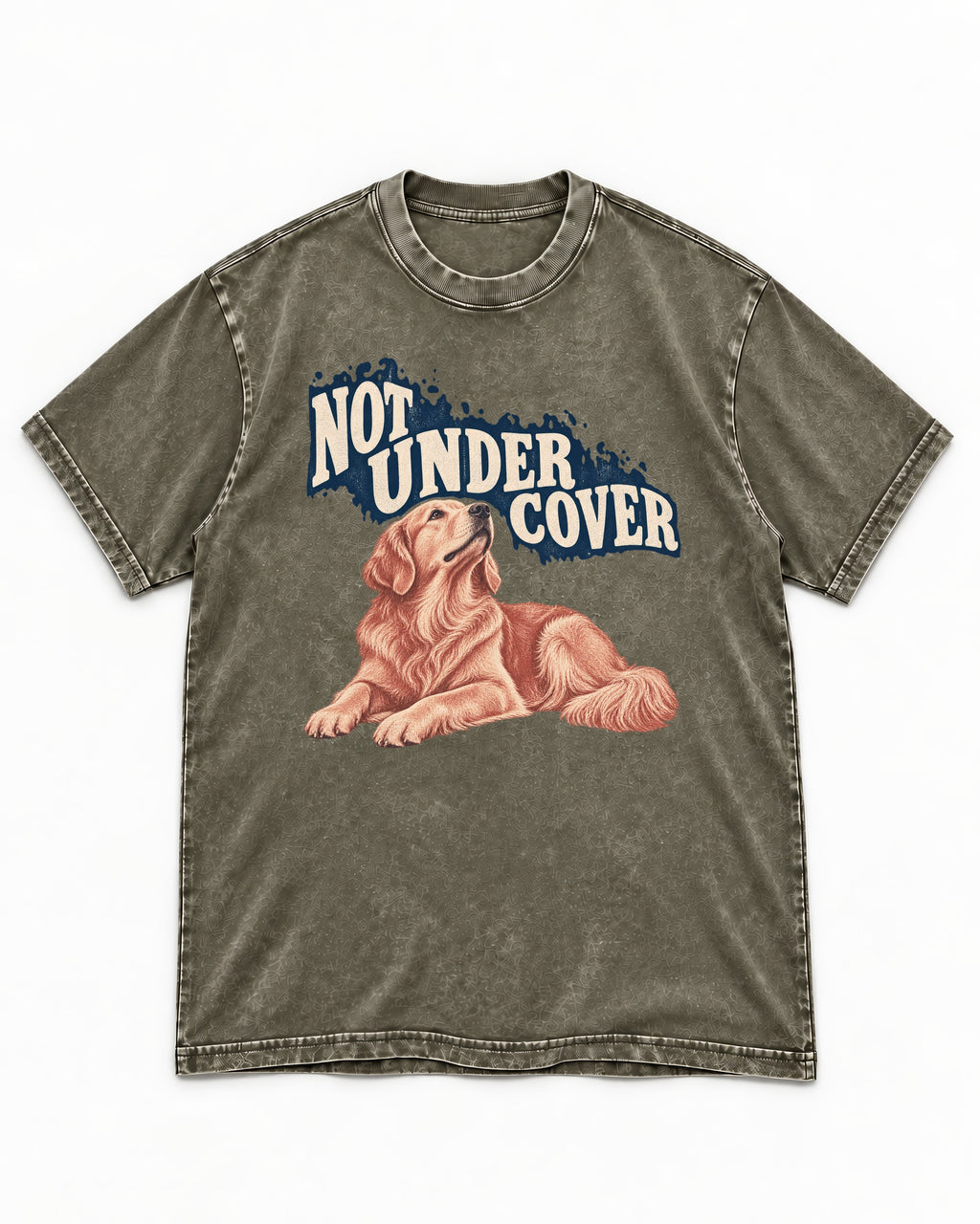 Not Under Cover Reclining Golden Retriever Graphic Washed Tee in Army Green, flat lay product photo