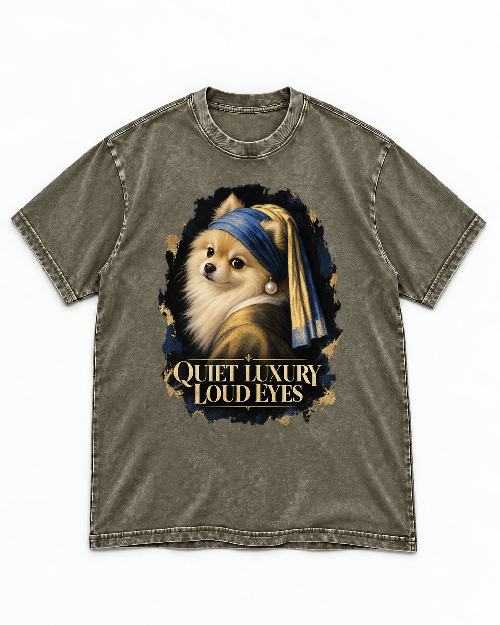 Pomeranian Quiet Luxury Loud Eyes Pearl Portrait Graphic Washed Tee in Army Green, flat lay product photo