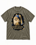 Pomeranian Quiet Luxury Loud Eyes Pearl Portrait Graphic Washed Tee in Army Green, flat lay product photo