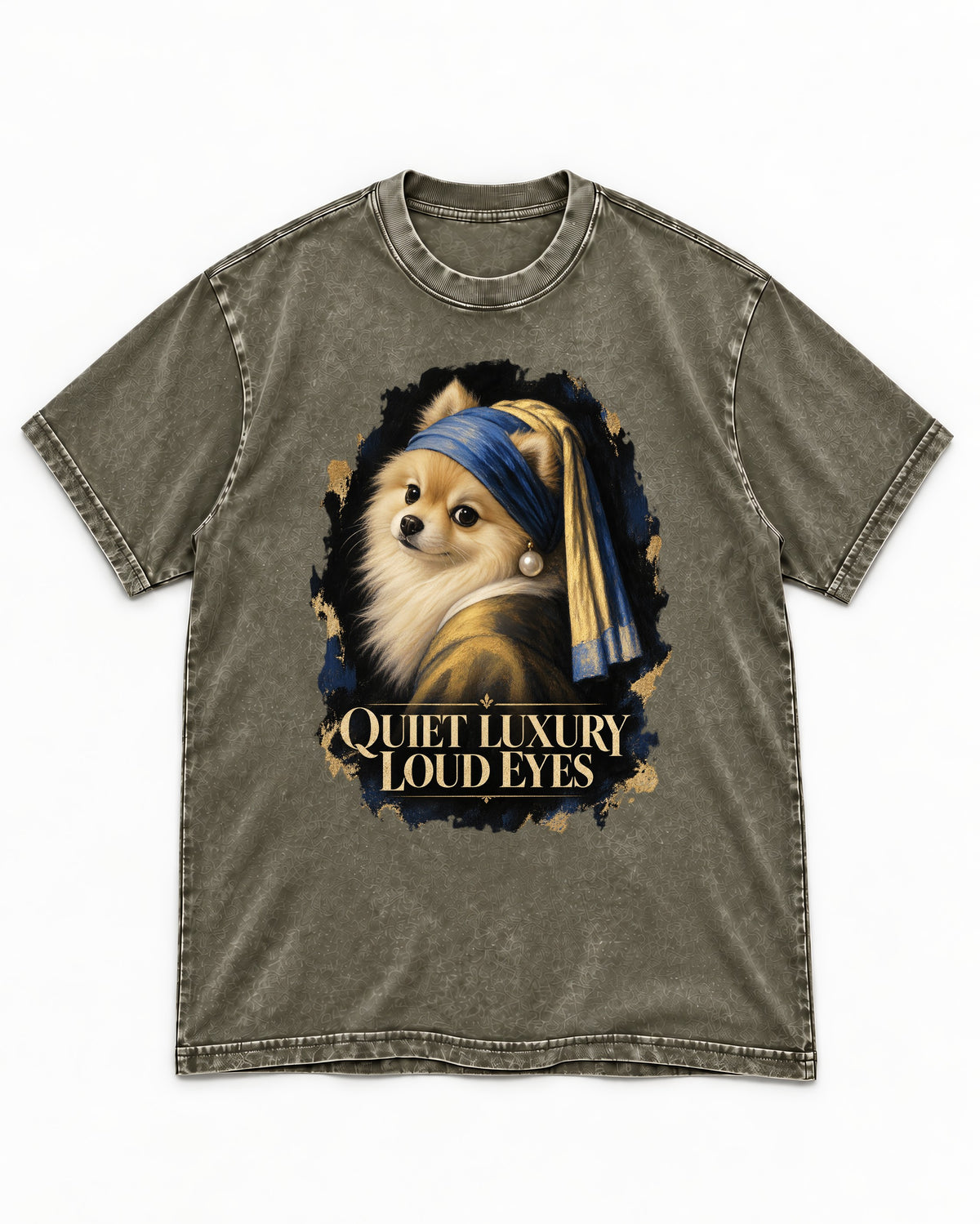 Pomeranian Quiet Luxury Loud Eyes Pearl Portrait Graphic Washed Tee in Army Green, flat lay product photo