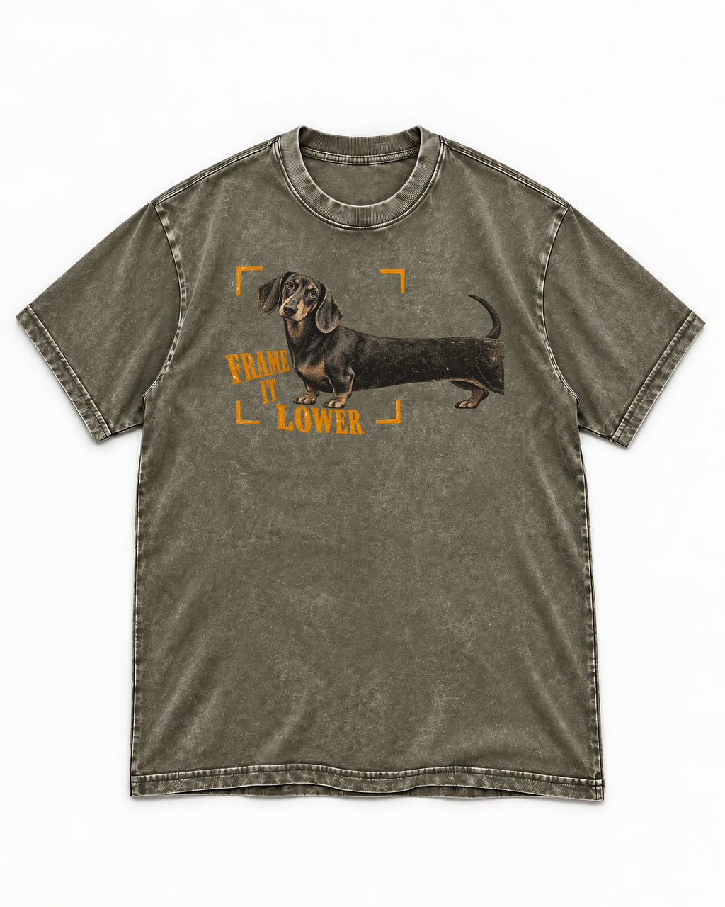 Dachshund Frame It Lower Viewfinder Graphic Washed Tee in Army Green, flat lay product photo