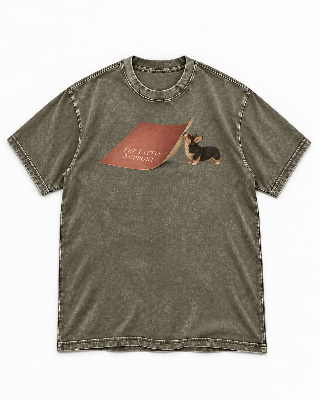 Corgi The Little Support Paper Graphic Washed Tee in Army Green, flat lay product photo