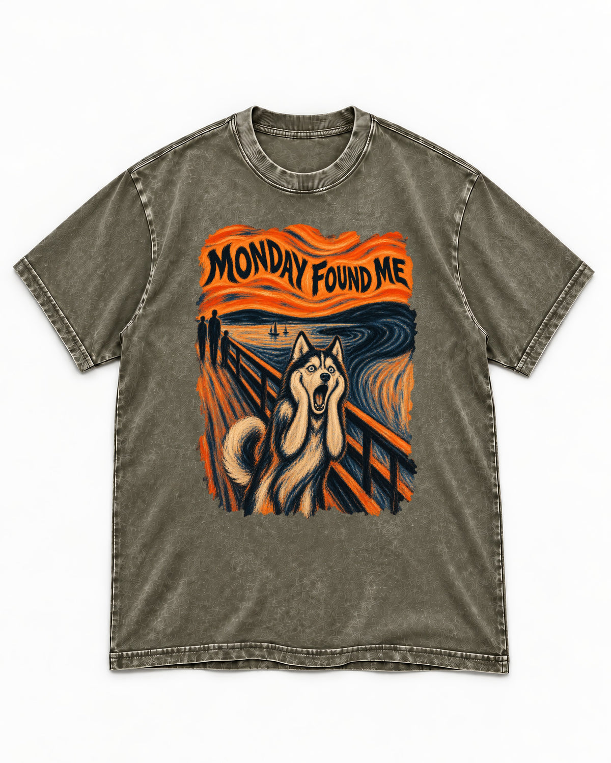 Husky Monday Found Me Scream Parody Graphic Washed Tee in Army Green, flat lay product photo