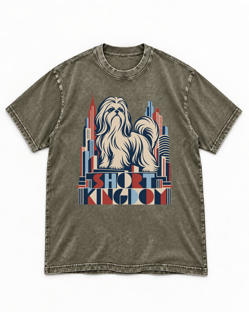 Shih Tzu Short Kingdom Art Deco Skyline Graphic Washed Tee in Army Green, flat lay product photo
