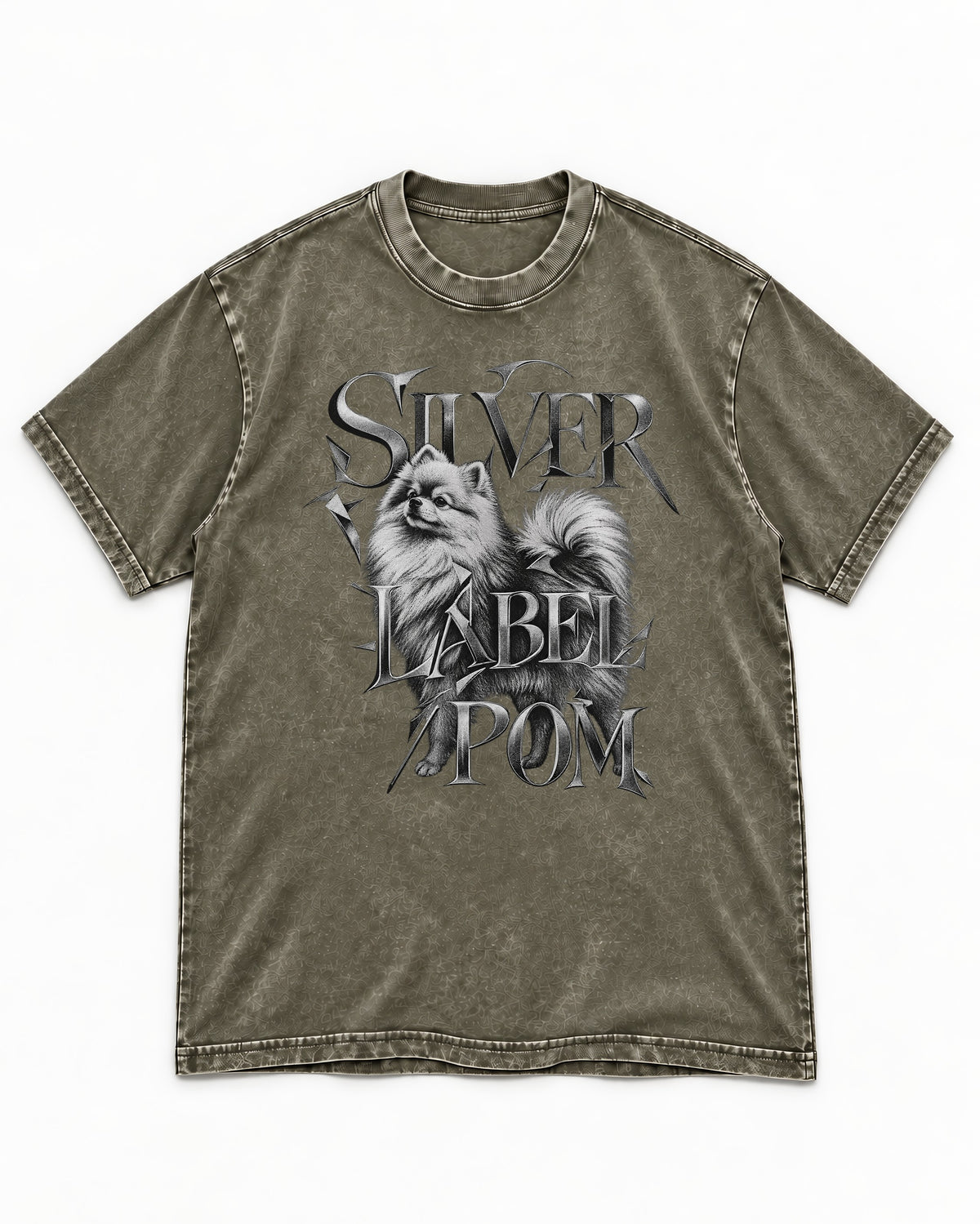 Pomeranian Silver Label Metallic Typography Graphic Washed Tee in Army Green, flat lay product photo