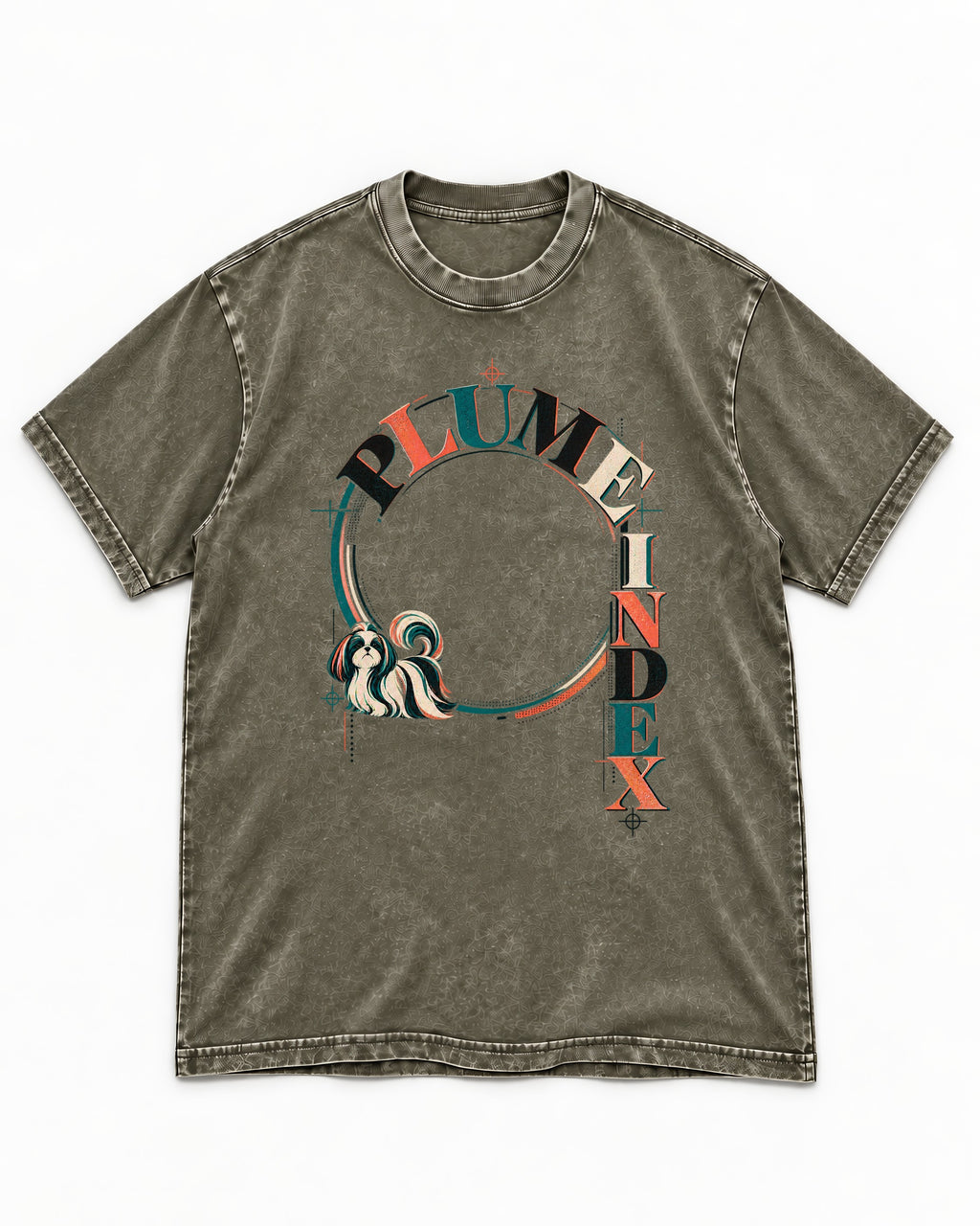 Shih Tzu Plume Index Circular Typography Graphic Washed Tee in Army Green, flat lay product photo