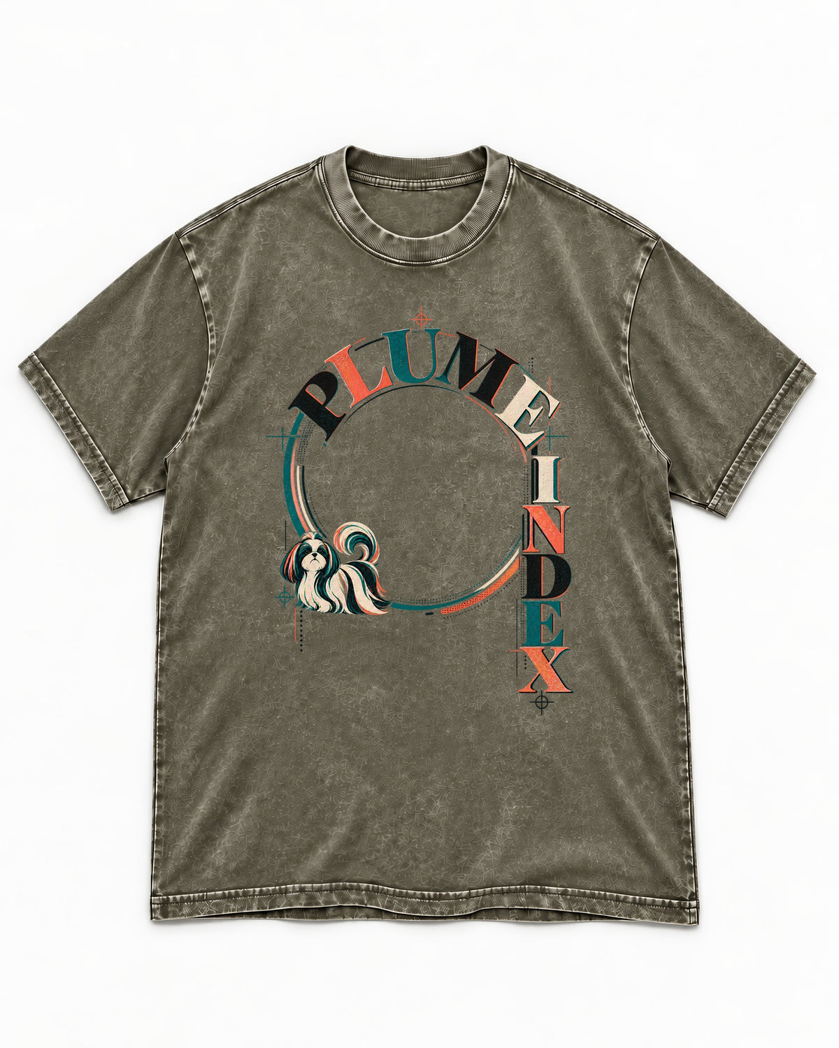 Shih Tzu Plume Index Circular Typography Graphic Washed Tee in Army Green, flat lay product photo