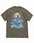 Golden Retriever Water Is Home Ocean Wave Graphic Washed Tee in Army Green, flat lay product photo